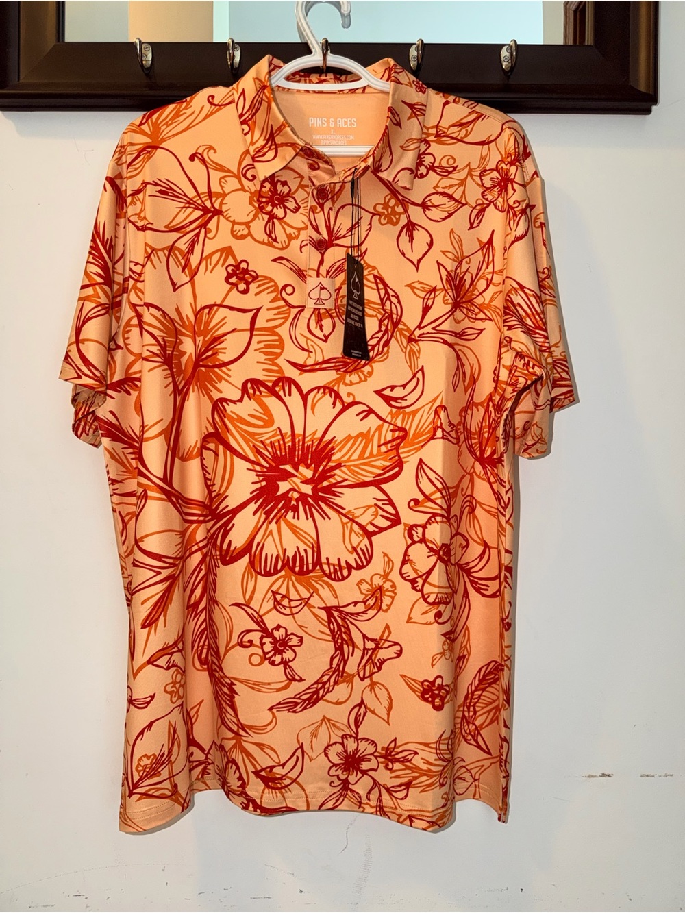 NWT Pins & Aces Peach Floral Short-Sleeve Polo size XL